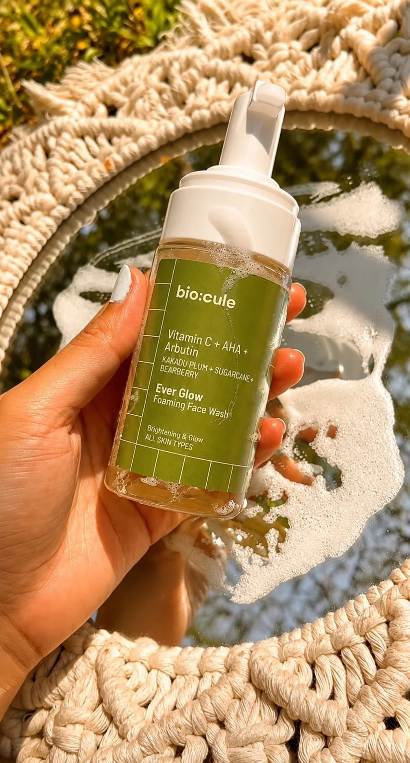 Lifestyle skincare product photography featuring Biocule face wash