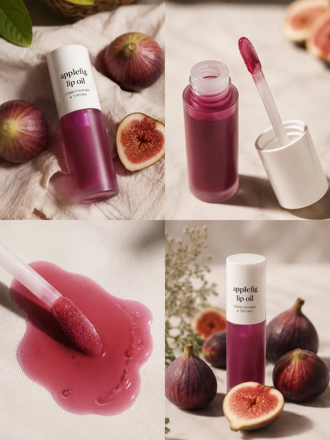 Collage product photography of tinted lip oil with fig styling
